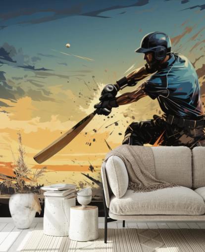 murale con cricket blu e arancione chiamato Cricket Batsman per camere da letto e sale giochi per adolescenti murale con cricket blu e arancione chiamato Cricket Batsman per camere da letto e sale giochi per adolescenti