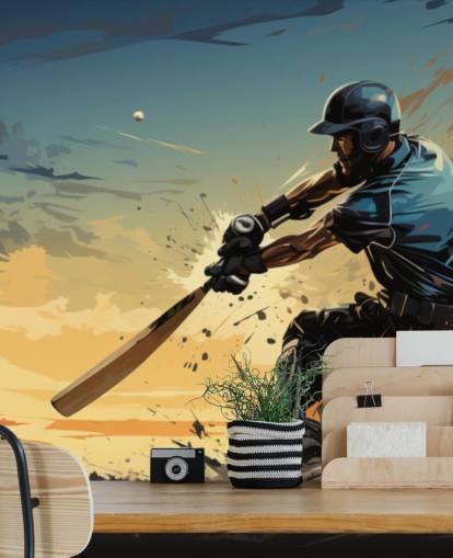 mural de parede de críquete azul e laranja chamado Cricket Batsman para quartos de adolescentes e salas de jogos mural de parede de críquete azul e laranja chamado Cricket Batsman para quartos de adolescentes e salas de jogos