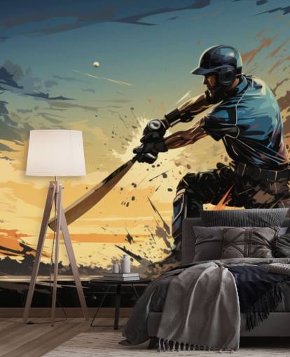 fresque murale de cricket bleue et orange appelée Cricket Batsman pour les chambres d'adolescents et les salles de jeux