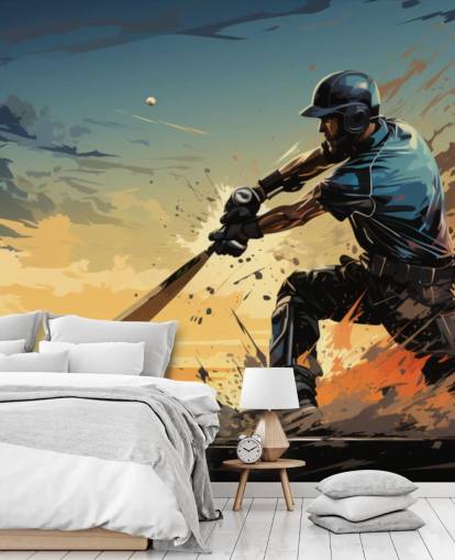 blue and orange cricket wall mural called Cricket Batsman for teen's bedrooms and games rooms