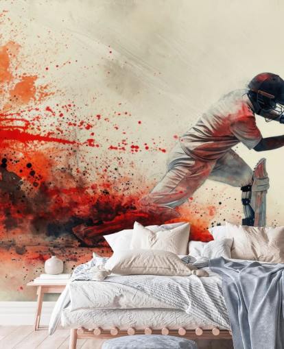 red cricket wallpaper mural called Red Watercolor Cricketer for teen bedrooms and commercial spaces