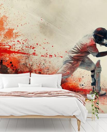 red cricket wallpaper mural called Red Watercolor Cricketer for teen bedrooms and commercial spaces red cricket wallpaper mural called Red Watercolor Cricketer for teen bedrooms and commercial spaces