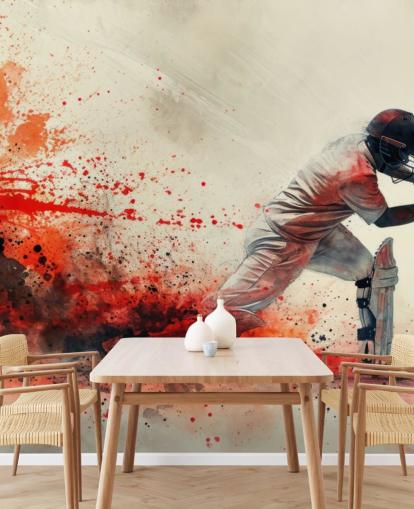 carta da parati murale con cricket rosso chiamato Red Watercolour Cricketer per camere da letto per adolescenti e spazi commerciali