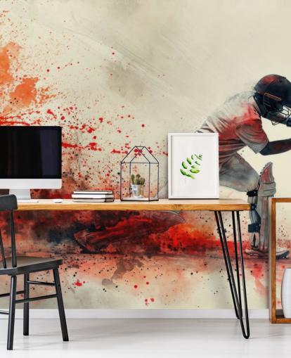 carta da parati murale con cricket rosso chiamato Red Watercolour Cricketer per camere da letto per adolescenti e spazi commerciali