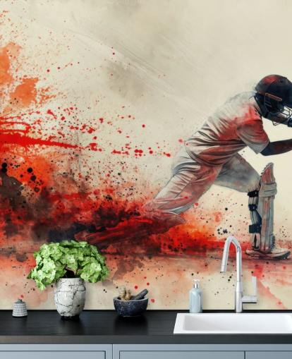red cricket wallpaper mural called Red Watercolor Cricketer for teen bedrooms and commercial spaces red cricket wallpaper mural called Red Watercolor Cricketer for teen bedrooms and commercial spaces
