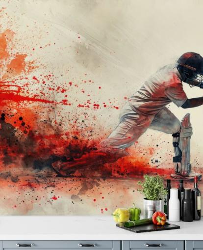 rode krekel behangmuurschildering genaamd Red Watercolour Cricketer voor tienerkamers en commerciële ruimtes