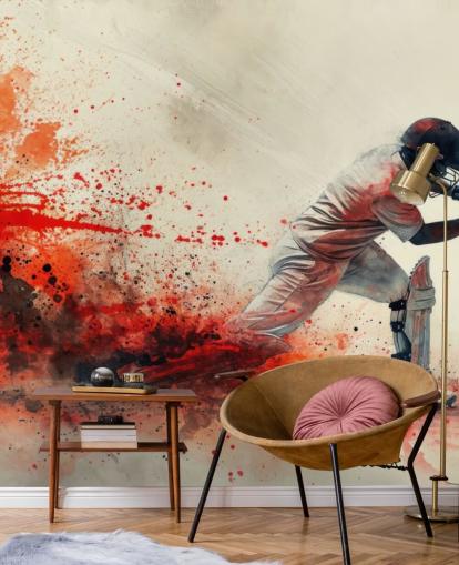 red cricket wallpaper mural called Red Watercolour Cricketer for teen bedrooms and commercial spaces