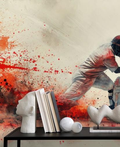 red cricket wallpaper mural called Red Watercolor Cricketer for teen bedrooms and commercial spaces