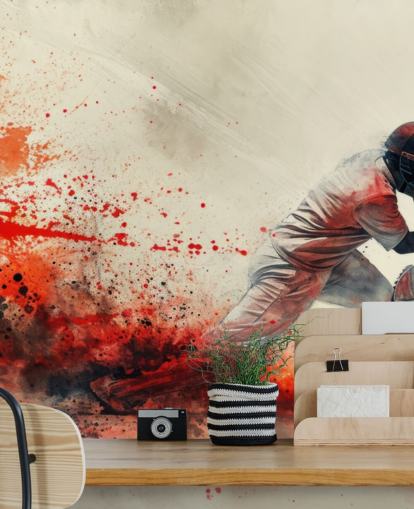 carta da parati murale con cricket rosso chiamato Red Watercolour Cricketer per camere da letto per adolescenti e spazi commerciali