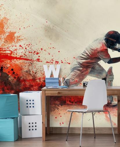 mural de papel de parede de críquete vermelho chamado Red Watercolour Cricketer para quartos de adolescentes e espaços comerciais