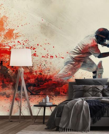rotes Cricket-Tapeten-Wandbild namens Red Watercolour Cricketer für Jugendzimmer und Gewerbeflächen