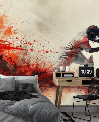rode krekel behangmuurschildering genaamd Red Watercolour Cricketer voor tienerkamers en commerciële ruimtes