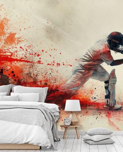 red cricket wallpaper mural called Red Watercolour Cricketer for teen bedrooms and commercial spaces