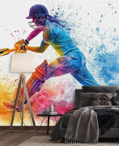 kleurrijke cricket muurschildering genaamd Cricket Paint Splash voor kinderkamers en commerciële ruimtes