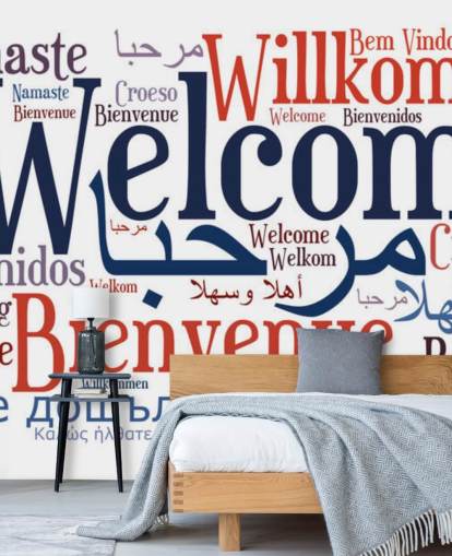 mural de papel pintado escolar blanco y azul llamado Welcome Wordcloud