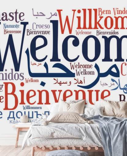 hvid og blå pædagogisk skole tapet vægmaleri kaldet Welcome Wordcloud hvid og blå pædagogisk skole tapet vægmaleri kaldet Welcome Wordcloud
