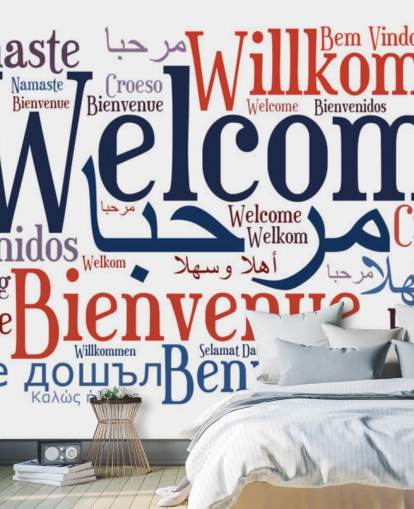 carta da parati murale bianca e blu per scuole scolastiche chiamata Welcome Wordcloud