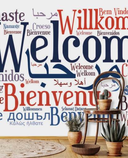 hvid og blå pædagogisk skole tapet vægmaleri kaldet Welcome Wordcloud