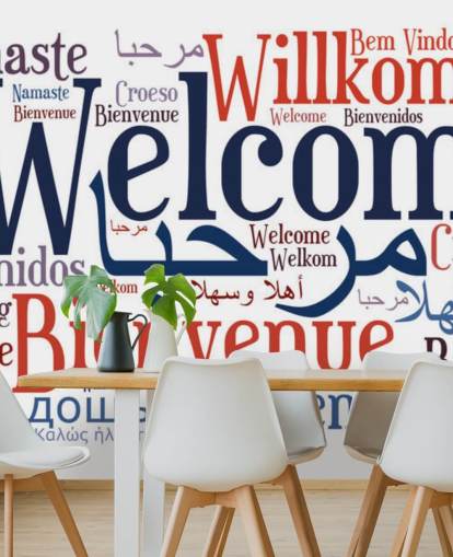 mural de papel pintado escolar blanco y azul llamado Welcome Wordcloud