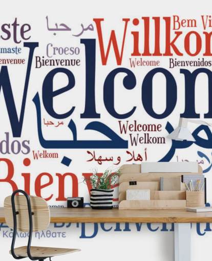 papier peint mural d'école pédagogique blanc et bleu appelé Welcome Wordcloud