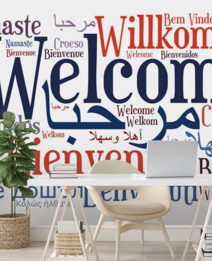 mural de papel de parede escolar educacional branco e azul chamado Welcome Wordcloud