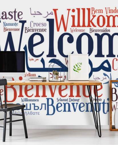 mural de papel de parede escolar educacional branco e azul chamado Welcome Wordcloud