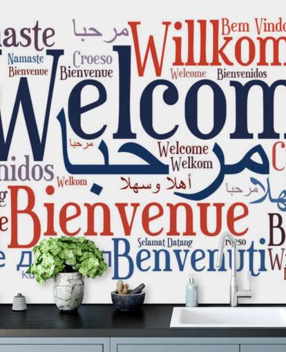 white and blue educational school wallpaper mural called Welcome Wordcloud