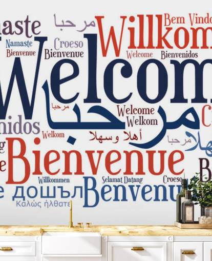 white and blue educational school wallpaper mural called Welcome Wordcloud