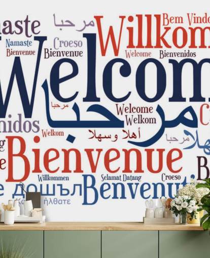 carta da parati murale bianca e blu per scuole scolastiche chiamata Welcome Wordcloud