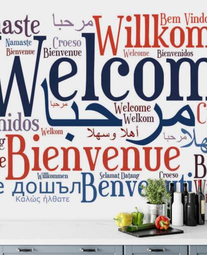 weiße und blaue pädagogische Schultapete namens Welcome Wordcloud