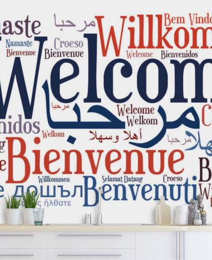 mural de papel pintado escolar blanco y azul llamado Welcome Wordcloud