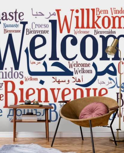 white and blue educational school wallpaper mural called Welcome Wordcloud