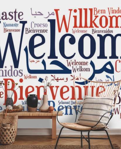 white and blue educational school wallpaper mural called Welcome Wordcloud