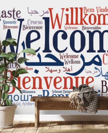 white and blue educational school wallpaper mural called Welcome Wordcloud