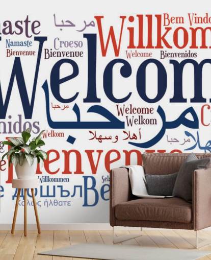 witte en blauwe muurschildering voor educatieve scholen genaamd Welcome Wordcloud