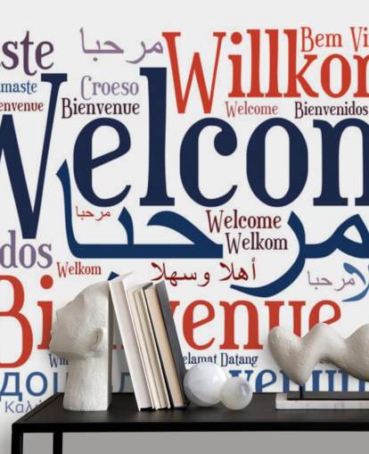 mural de papel pintado escolar blanco y azul llamado Welcome Wordcloud