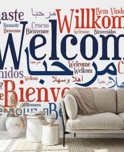 mural de papel pintado escolar blanco y azul llamado Welcome Wordcloud