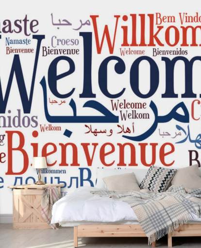 mural de papel pintado escolar blanco y azul llamado Welcome Wordcloud