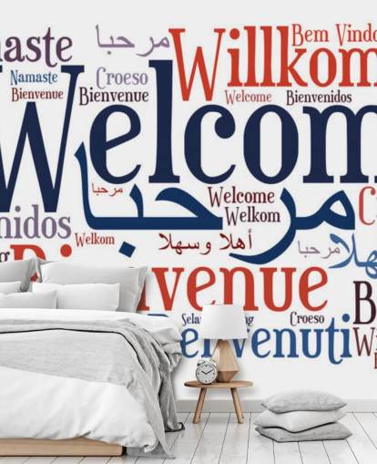 white and blue educational school wallpaper mural called Welcome Wordcloud