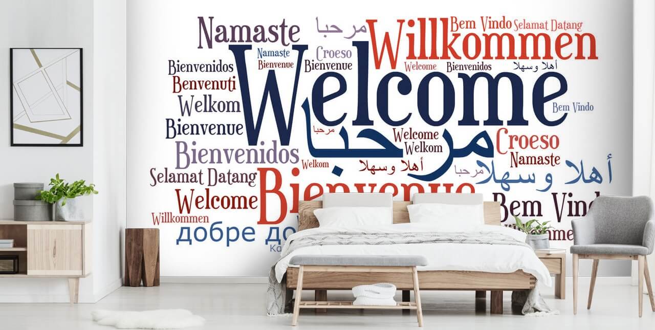 mural de papel de parede escolar educacional branco e azul chamado Welcome Wordcloud