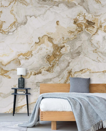white and gold marble wallpaper mural called White Marble With Gold Streaks for dining rooms, bathrooms and kitchens