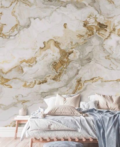 carta da parati murale in marmo bianco e oro chiamata White Marble With Gold Streaks per sale da pranzo, bagni e cucine
