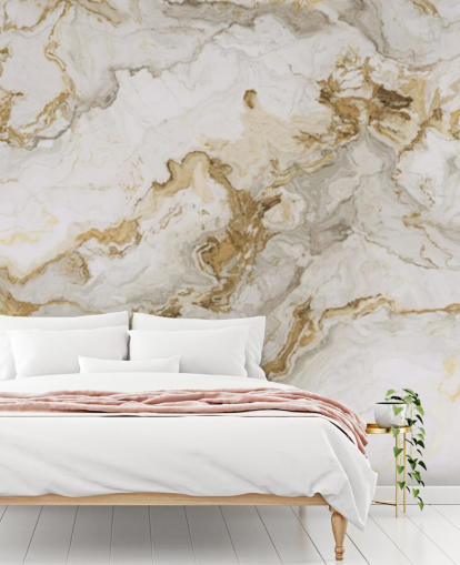 papier peint mural en marbre blanc et doré appelé White Marble With Gold Streaks pour les salles à manger, les salles de bain et les cuisines