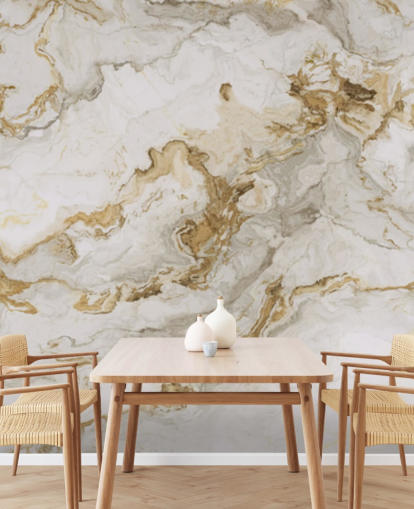 valkoinen ja kultainen marmoritapetti seinämaalaus nimeltä White Marble With Gold Striaks ruokasaleihin, kylpyhuoneisiin ja keittiöihin
