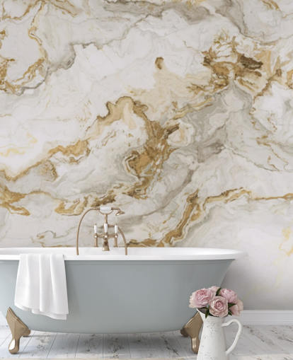 mural de papel pintado de mármol blanco y dorado llamado White Marble With Gold Streaks para comedores, baños y cocinas
