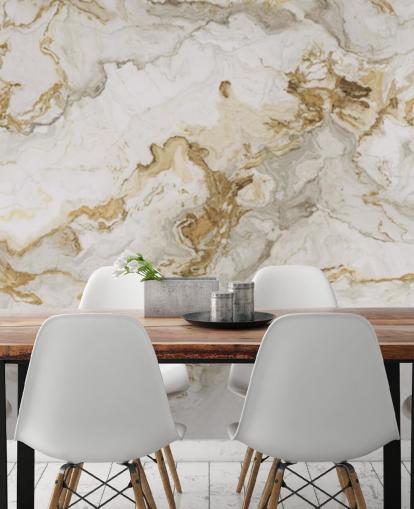 mural de papel pintado de mármol blanco y dorado llamado White Marble With Gold Streaks para comedores, baños y cocinas