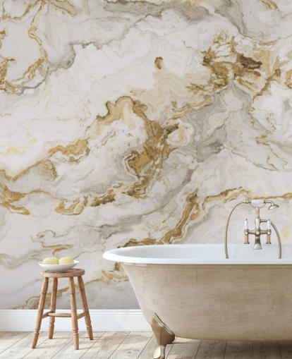mural de papel pintado de mármol blanco y dorado llamado White Marble With Gold Streaks para comedores, baños y cocinas
