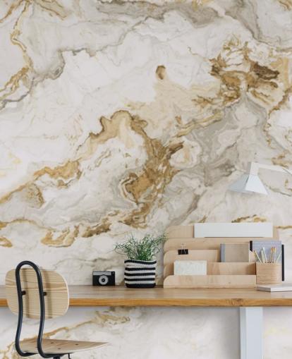 hvit og gull marmor tapet veggmaleri kalt White Marble With Gold Streaks for spisestuer, bad og kjøkken