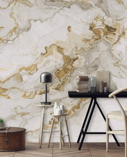 white and gold marble wallpaper mural called White Marble With Gold Streaks for dining rooms, bathrooms and kitchens
