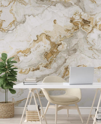 mural de papel pintado de mármol blanco y dorado llamado White Marble With Gold Streaks para comedores, baños y cocinas